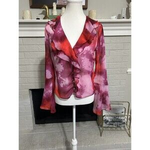 Y2k Sz S Bar III Sheer Ruffle Fairy Blouse- Pink Red Tie Dye Print Bell Sleeves